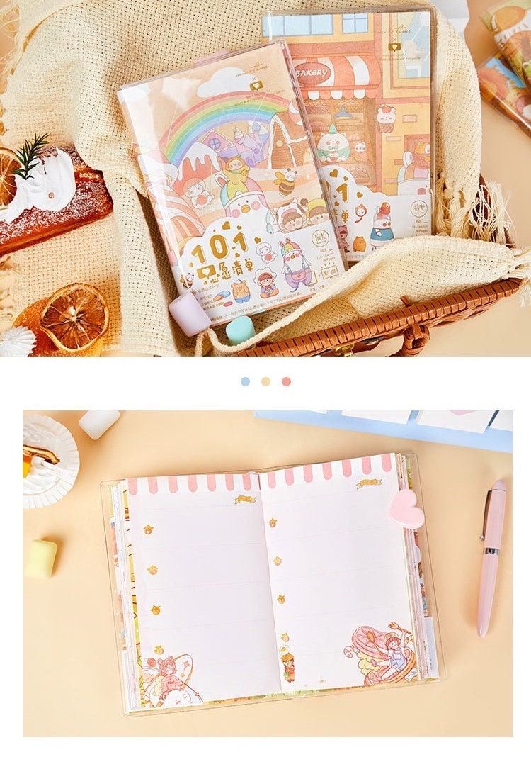 Crystal Cover Rainbow Town Journal – 192 Pages A5, featuring kawaii illustrations, spread open to show lined pages with cute designs, perfect for note-taking and journaling.