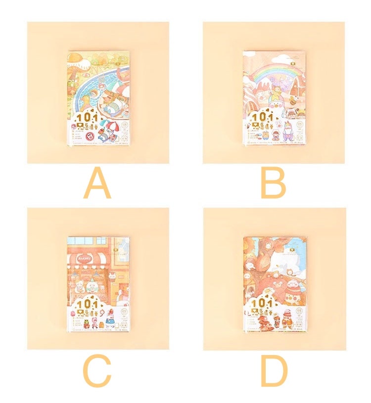 Crystal Cover Rainbow Town Journal - 192 Pages A5, displayed in four designs: A, B, C, and D. Each journal features a kawaii town illustration with vibrant colors and cute characters under a protective crystal cover. Perfect for note-taking, sketching, and creative writing.