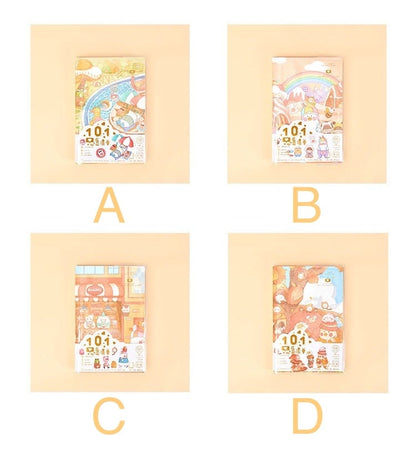 Crystal Cover Rainbow Town Journal - 192 Pages A5, displayed in four designs: A, B, C, and D. Each journal features a kawaii town illustration with vibrant colors and cute characters under a protective crystal cover. Perfect for note-taking, sketching, and creative writing.