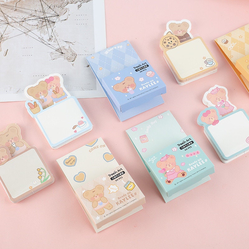 Kawaii Milk Tea Weekend Sticky Notepad with cute bear designs, 60 pages memo pad in pastel blue, pink, yellow, and beige colors, perfect for writing notes and messages.