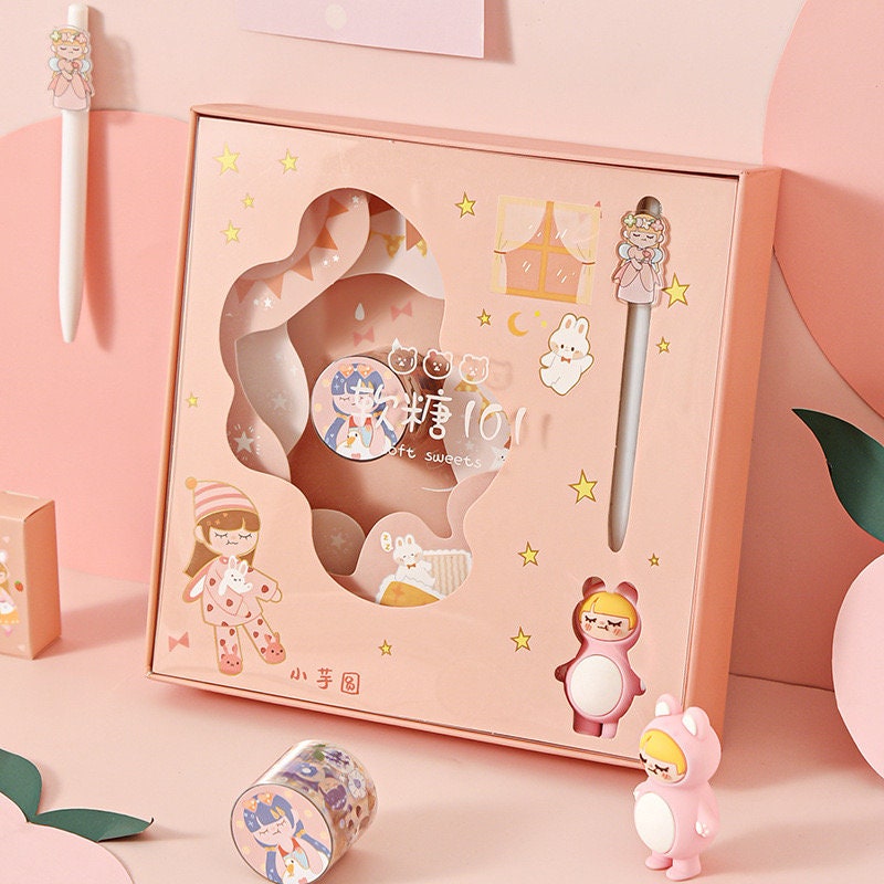 Candy Girl Planner Gift Set: Notepad, Washi Tape, Stickers in kawaii design, featuring cute pastel-colored characters and enchanting starry motifs.