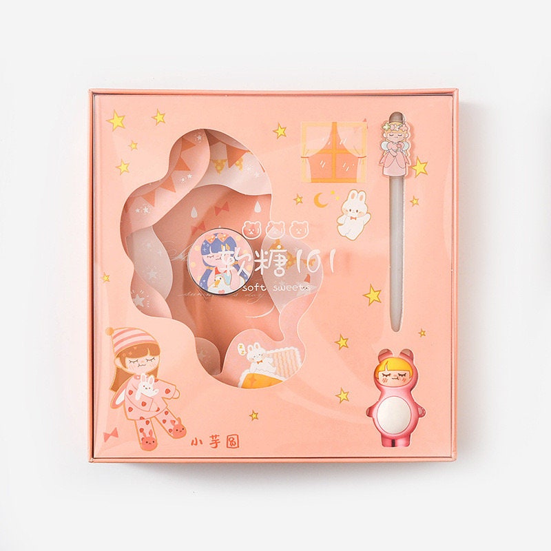 Candy Girl Planner Gift Set in kawaii style featuring a notepad, washi tape, and stickers, packaged in a cute pink box with star and character designs.