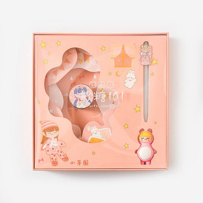 Candy Girl Planner Gift Set with notepad, washi tape, and stickers in a pink kawaii-style packaging featuring cute characters.