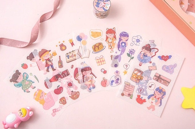 Candy Girl Planner Gift Set including cute character notepad, colorful washi tape, and kawaii stickers with various designs on a pink background.