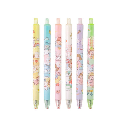 Kawaii Girl Gel Pen Set - 0.5mm Black Ink, six pens with cute girl designs and pastel colors, kawaii stationery for school or office.