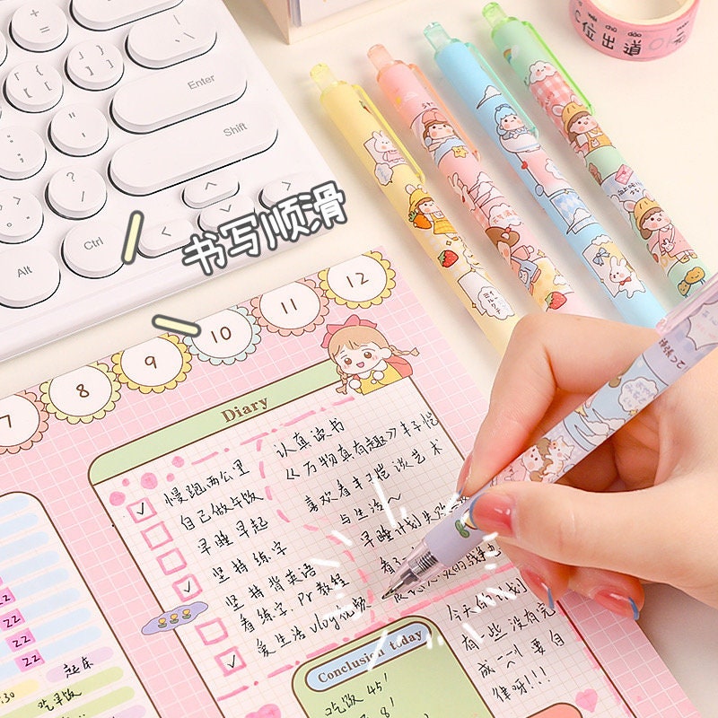 Kawaii Girl Gel Pen Set - 0.5mm Black Ink, featuring 5 adorable, pastel-colored pens with cute character designs, perfect for journaling and note-taking.