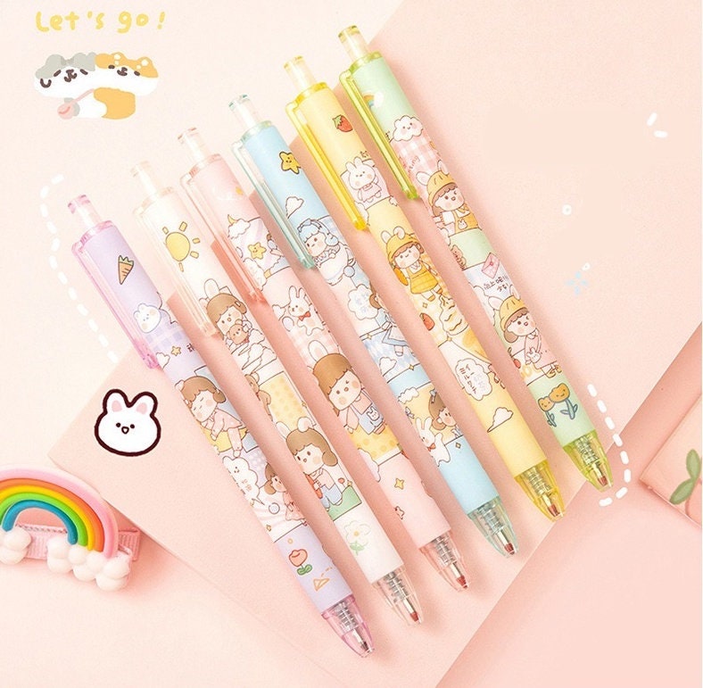 Kawaii girl gel pen set with 0.5mm black ink, featuring cute pastel-colored designs and adorable characters.