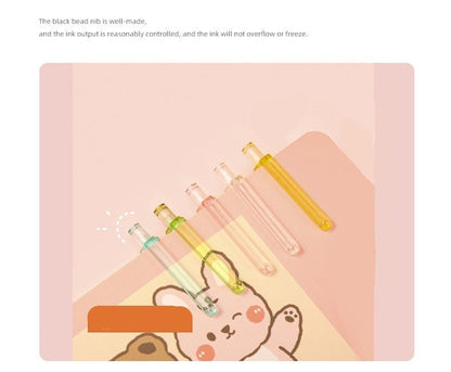 Kawaii Girl Gel Pen Set with 0.5mm black ink, featuring colorful transparent barrels - displayed on cute pink notebook with rabbit illustration.