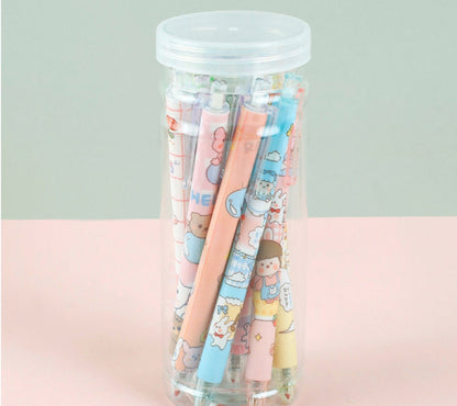 Kawaii Girl Gel Pen Set in clear plastic container, featuring adorable pastel designs, 0.5mm black ink pens, cute stationery for school and office.