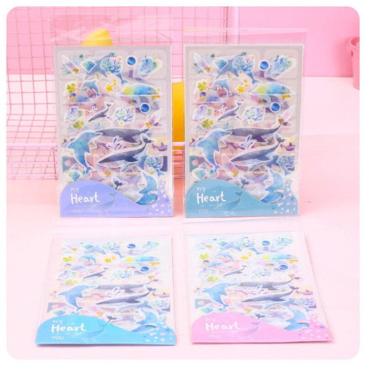 Kawaii Dolphin Ocean Stickers Set - 20 Designs featuring adorable dolphin illustrations, colorful marine life elements, and ocean-themed decorations perfect for DIY crafts, scrapbooking, and planners.