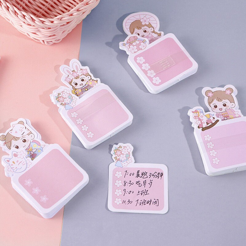 Kawaii Girl Sticky Notepad - 60 Pages featuring adorable character designs, pink floral borders, and cute animal costumes for note-taking and reminders