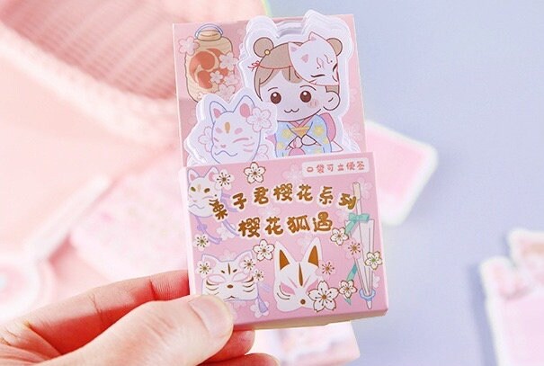 Kawaii Girl Sticky Notepad - 60 Pages featuring adorable illustrations of a girl in traditional attire with cute animal characters, perfect for notes and memos.