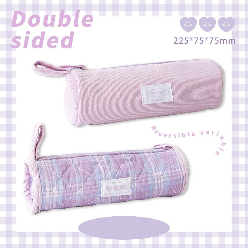 Double-Sided Milky Cream Fabric Pencil Case in pastel purple with zipper closure and reversible design, showing plain and quilted plaid patterns, kawaii stationery accessory.