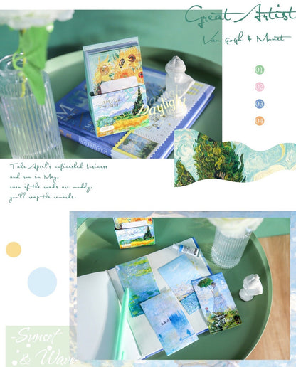 Sunset Wave Sticky Notepad with Stand - 60 Pages featuring artistic designs inspired by Van Gogh, Monet, and serene landscapes.