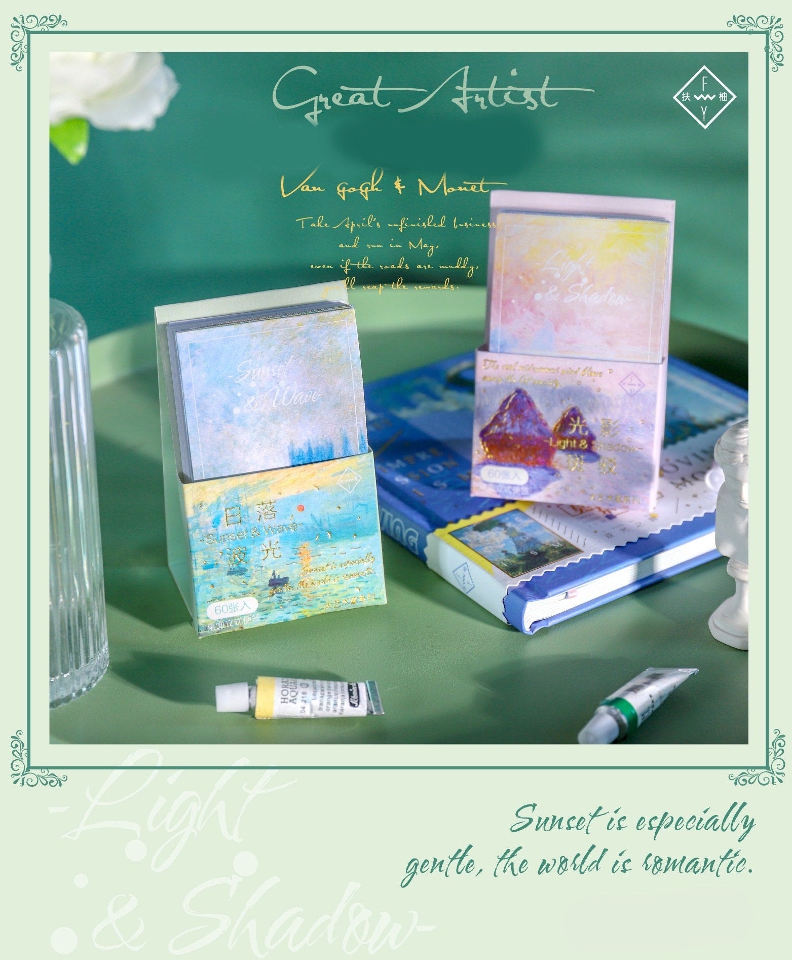 Sunset Wave Sticky Notepad with Stand - 60 Pages in pastel-colored design inspired by Van Gogh and Monet placed on a desk with art supplies and a decorative green background.