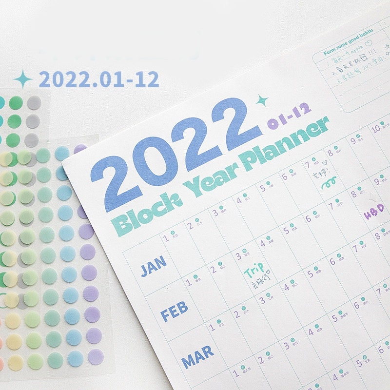 2022 Yearly Block Year Planner - Goal Tracker and Organizer with Pastel Color Stickers