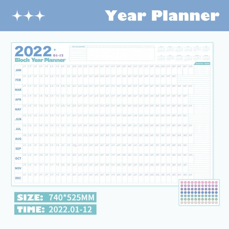 2022 Yearly Planner - Goal Tracker and Organizer with Monthly Calendar, Sticker Sheet, and Size Information (740*525mm)