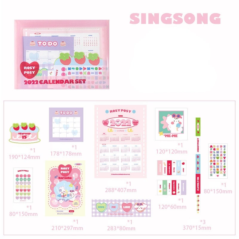 2022 Goal Tracker Calendar with Stickers in kawaii style, featuring colorful and cute designs including a to-do list, calendar pages, decorative stickers, and organizational tools.