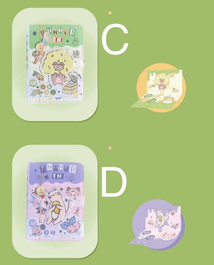 Magnetic Buckle A5 Hard Cover Summer Journal in kawaii style featuring cute animal illustrations; top design C with a green cover and a fluffy character surrounded by playful details, bottom design D with a purple cover and a cat holding a banana in a whimsical scene.