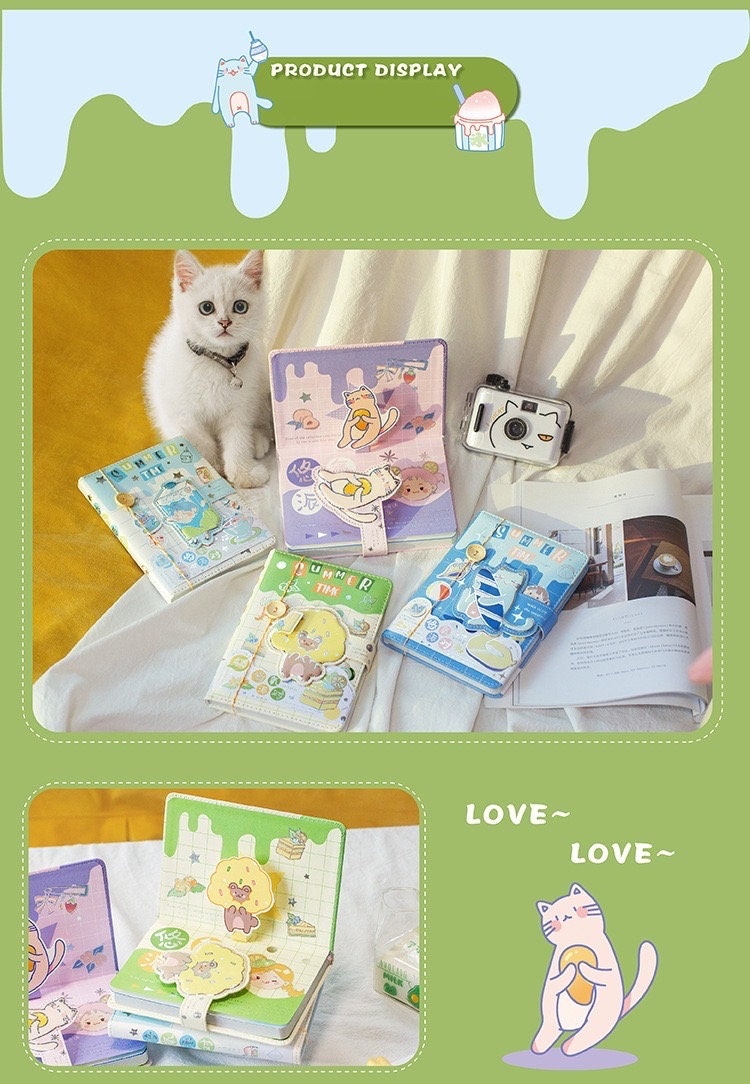 Magnetic Buckle A5 Hard Cover Summer Journal in kawaii style, featuring cute animal illustrations, displayed with a white kitten and a vintage camera.