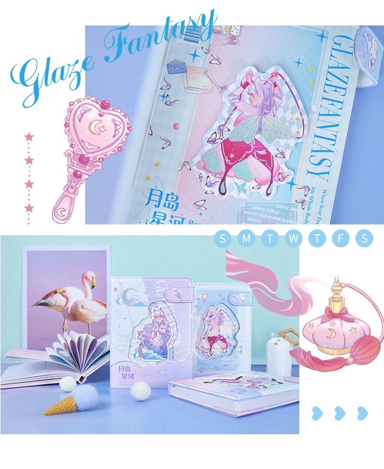 Pink Leather Galaxy Planner with Magnetic Buckle featuring whimsical fairy designs, pastel colors, and kawaii-style illustrations, perfect for organizing schedules and notes in a cute and charming way.