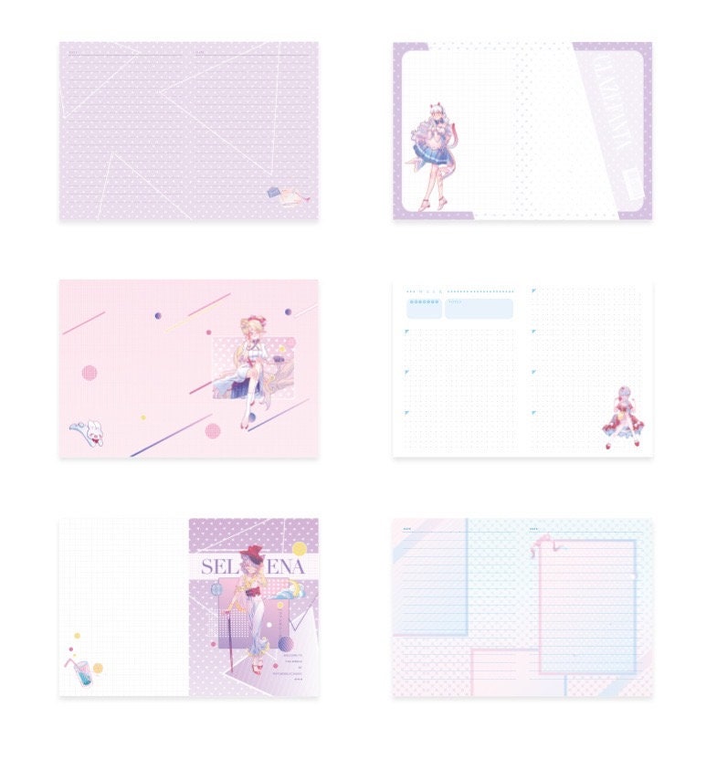 Pink Leather Galaxy Planner with Magnetic Buckle featuring cute kawaii style illustrations and pastel-colored layouts.