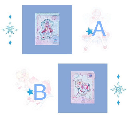 Pink Leather Galaxy Planner with Magnetic Buckle featuring two cover designs with pastel celestial illustrations on blue background.