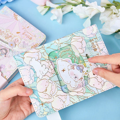 Flower Prelude Pink Leather Planner with Magnetic Buckle - Kawaii Stationary Goods - Cute Bear and Cloud Illustration - Ideal for Personal Organization and Journaling