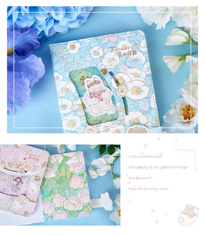 Flower Prelude Pink Leather Planner with Magnetic Buckle featuring cute floral and kawaii character designs - ideal for organizing and planning.