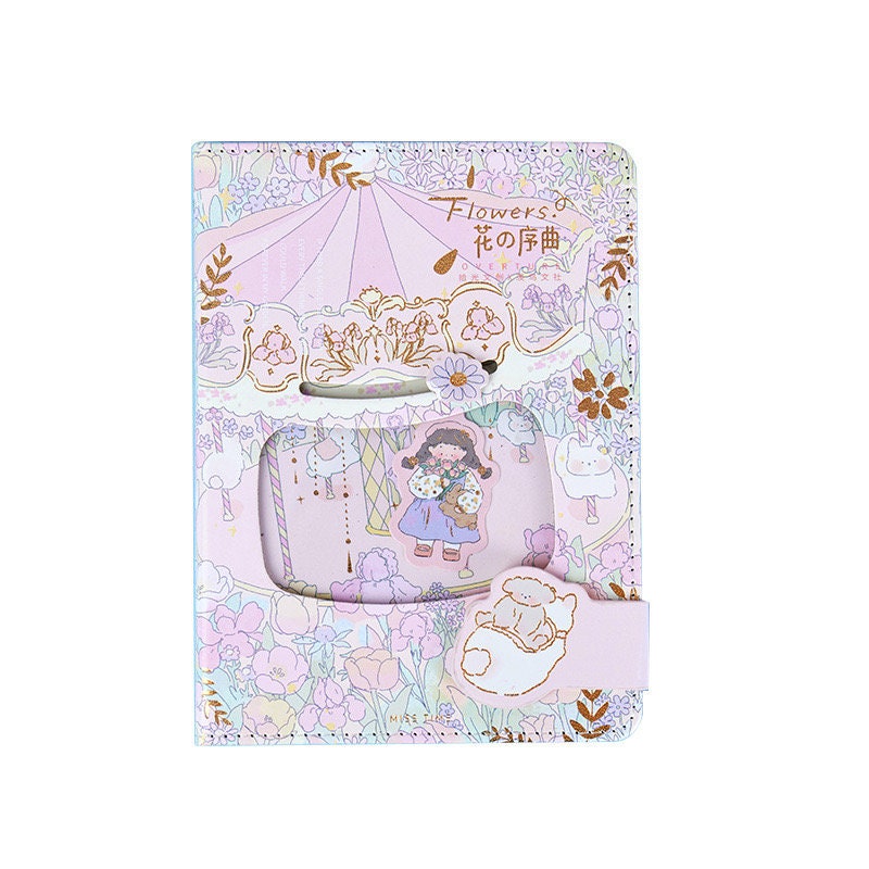 Flower Prelude Pink Leather Planner with Magnetic Buckle featuring kawaii-style floral patterns and cute character illustrations.