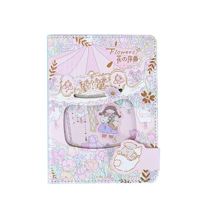 Flower Prelude Pink Leather Planner with Magnetic Buckle featuring kawaii-style floral patterns and cute character illustrations.