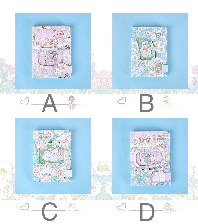 Flower Prelude Pink Leather Planner with Magnetic Buckle in four designs A, B, C, and D. Each planner features kawaii illustrations of girls, flowers, and pastel colors. Ideal for organizing and planning with a touch of cute aesthetics.