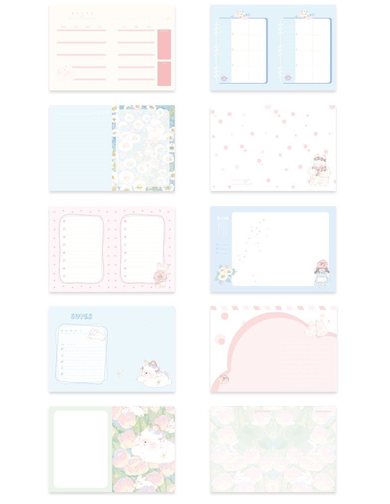 Flower Prelude Pink Leather Planner - open pages with floral and pastel designs, featuring weekly and monthly layouts, to-do lists, and note sections, kawaii stationery.