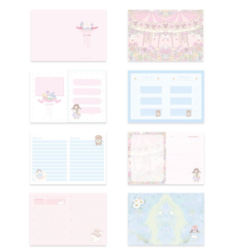 Flower Prelude Pink Leather Planner - Magnetic Buckle featuring pastel floral designs and cute character illustrations. Interior pages include schedule, notes, and diary sections adorned with kawaii bear and girl drawings.