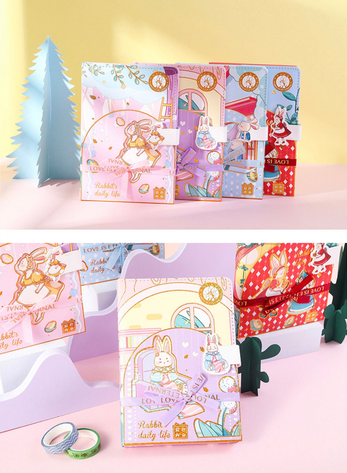 Rabbit's Daily Life Leather Journal with Magnetic Buckle in pink, yellow, blue, and red colors, with cute illustrations of rabbits and whimsical designs, perfect for kawaii stationery enthusiasts.