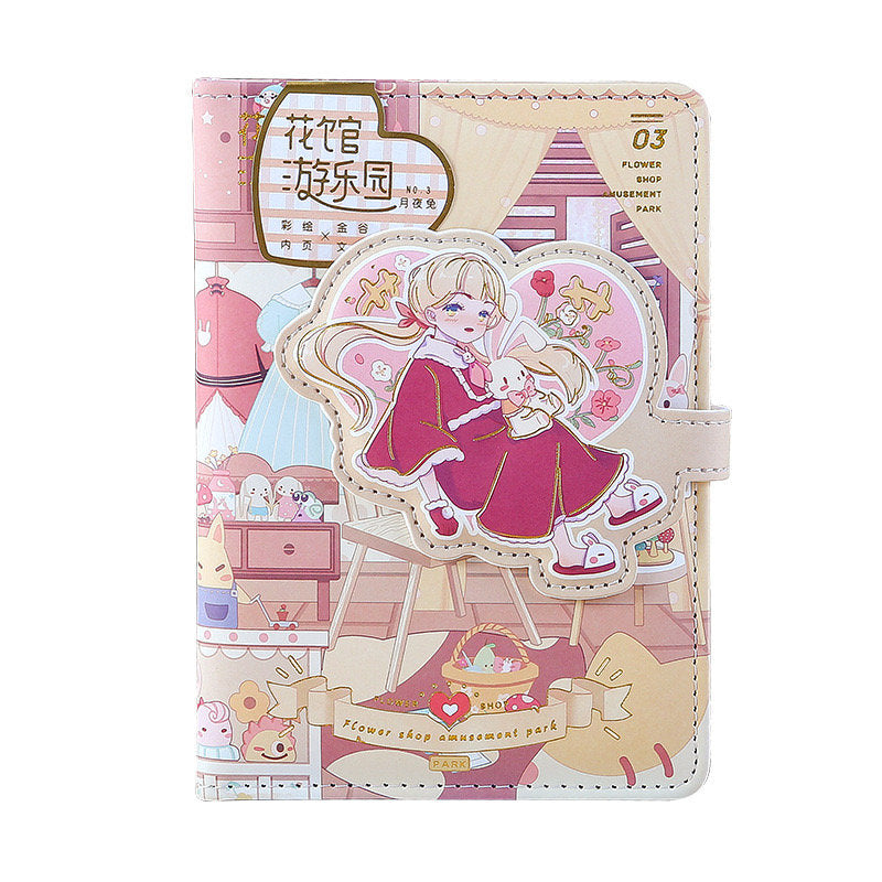 Blue Flower House Leather Journal A6 with 192 Pages featuring a cute girl in a red dress holding a bunny, surrounded by charming kawaii-style illustrations and pastel colors.