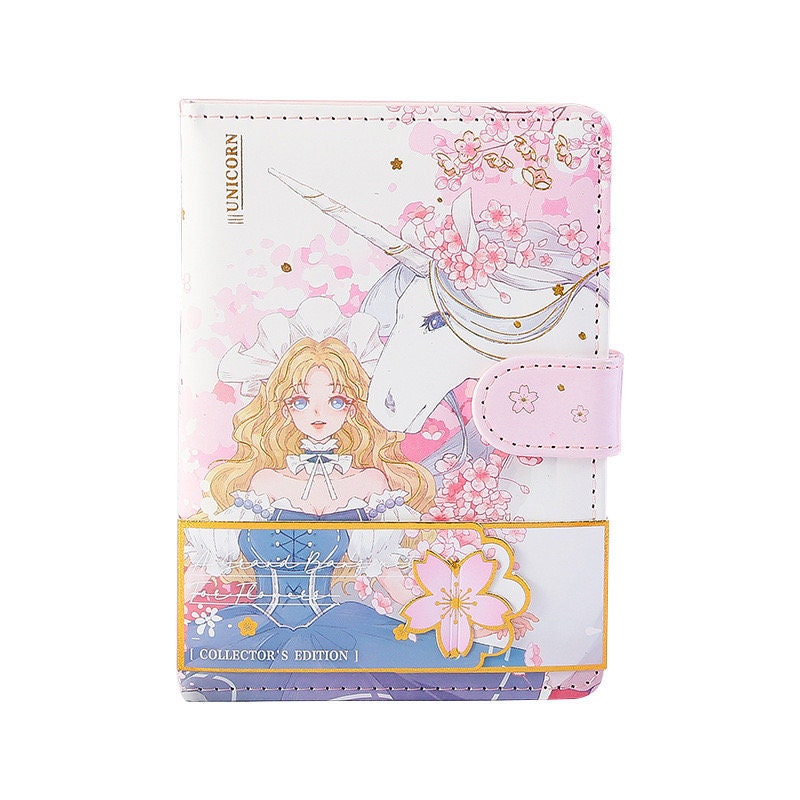 Princess Unicorn Magnetic Buckle Leather Notebook A6 featuring a kawaii design of a princess and unicorn with pink floral accents.