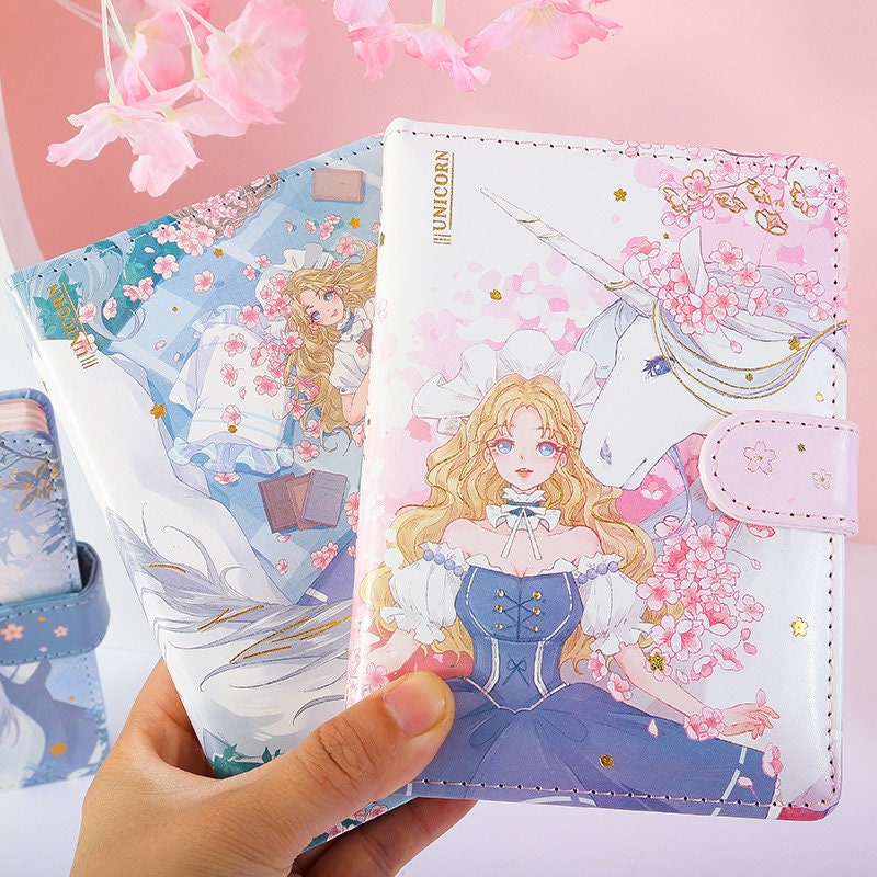 Princess Unicorn Magnetic Buckle Leather Notebook A6 with kawaii princess and unicorn illustration, cherry blossom design, and pastel colors