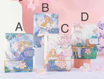 Princess Unicorn Magnetic Buckle Leather Notebook A6 in four designs (A, B, C, D) with kawaii-themed covers featuring princesses, unicorns, and floral accents. Ideal for cute stationery collections.