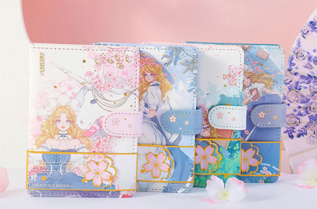 Princess Unicorn Magnetic Buckle Leather Notebook A6 featuring whimsical princess and unicorn illustrations, pastel colors, and floral designs, perfect for kawaii stationery lovers.