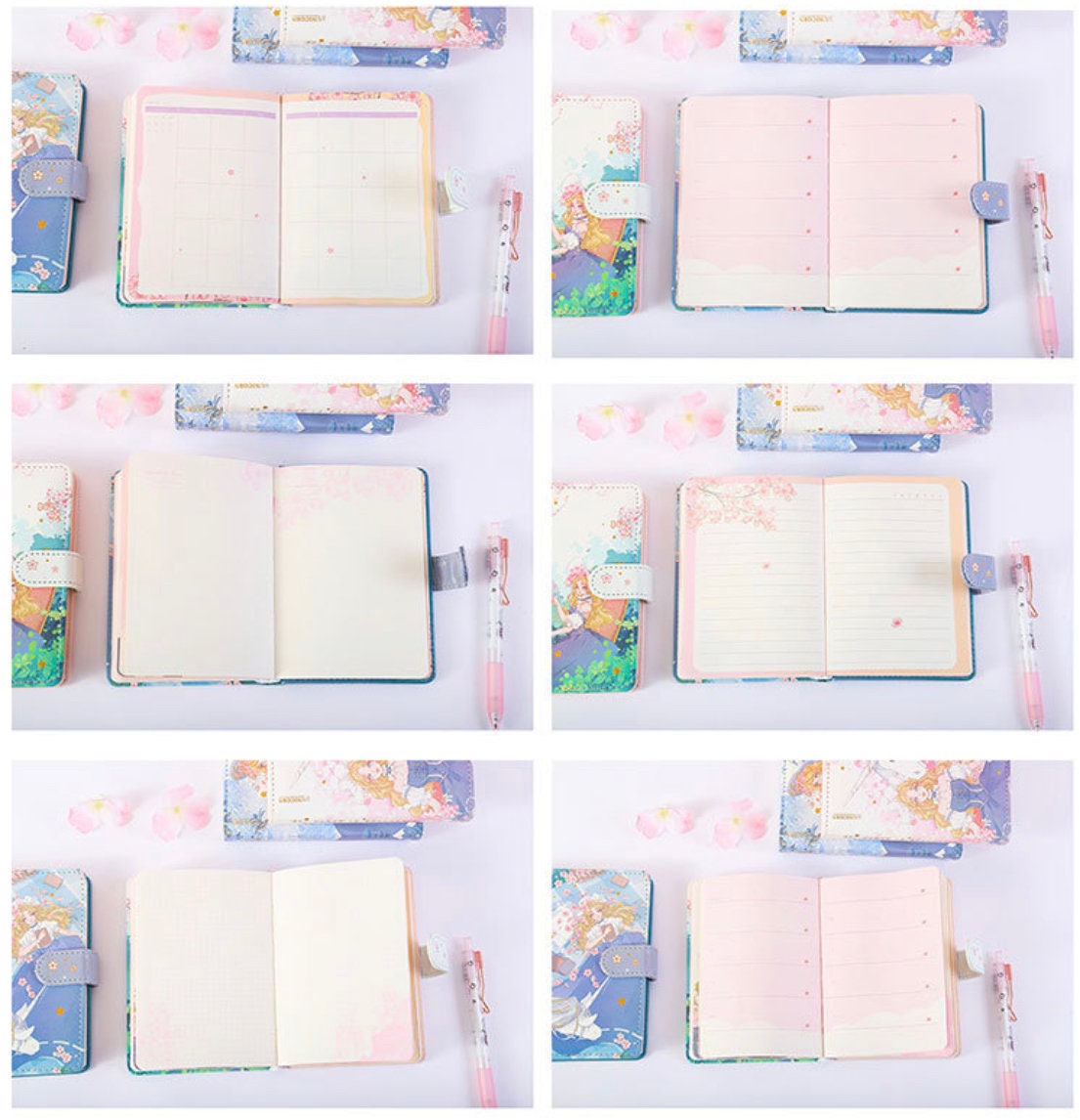 Princess Unicorn Magnetic Buckle Leather Notebook A6 showing various pastel inner pages and cover designs, with a matching pink pen beside it.