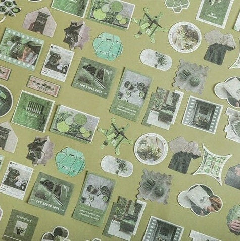 80-piece washi paper sticker set for mood board decor, featuring diverse designs in earthy tones, perfect for scrapbooking, journaling, and planner embellishments.