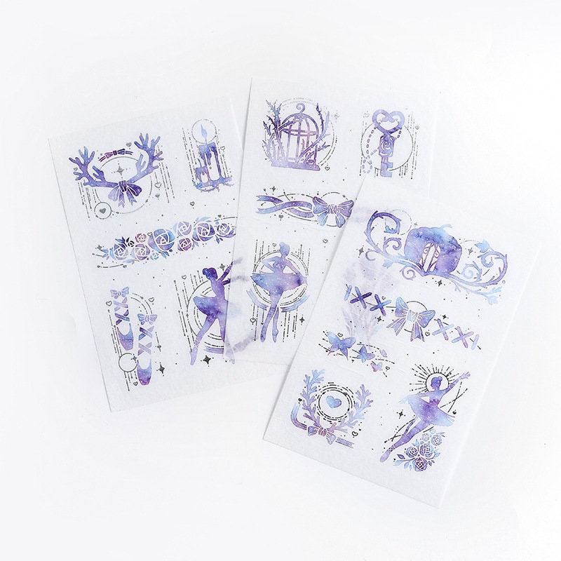 Dream Star Silver Foil Washi Sticker Set featuring ballet dancer, floral, bow, and celestial designs in purple watercolor style.