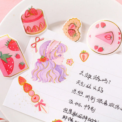 Strawberry Washi Tape Roll with cute kawaii designs including strawberries, cakes, and a girl with purple hair, ideal for parties and crafts.