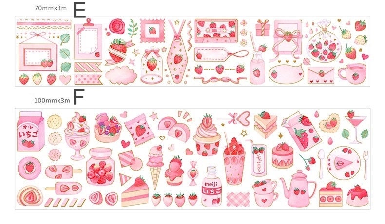 Strawberry Washi Tape Roll for Parties and Crafts with cute strawberry-themed designs including desserts, drinks, and decorative elements, perfect for journaling, scrapbooking, and DIY projects.