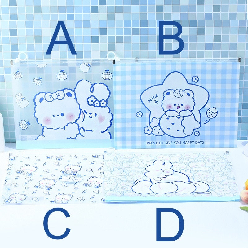 Kawaii Toffee Diary A4 Zip Document Bag in four designs labeled A, B, C, and D, featuring adorable characters and pastel colors.