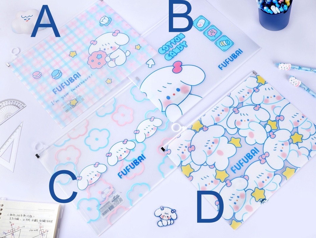 Kawaii Dog A4 Document Keeper with Zip Closure in four designs labeled A, B, C, and D featuring adorable cartoon dogs, pastel colors, and fun patterns suitable for organizing school or office papers.