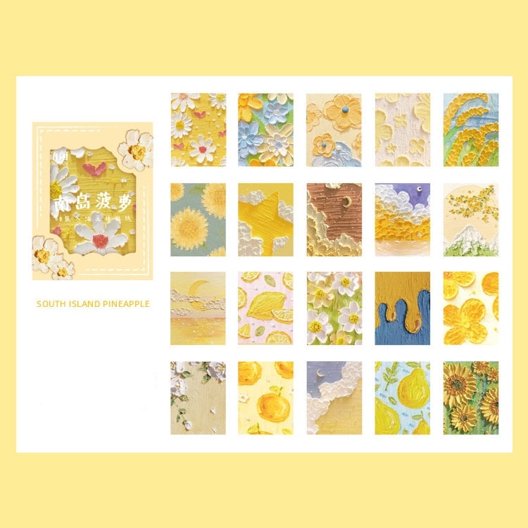 Rainbow Dream Decorative Scrapbook Paper - 60 Pages featuring vibrant yellow-themed designs including flowers, fruits, landscapes, and abstract patterns in kawaii style