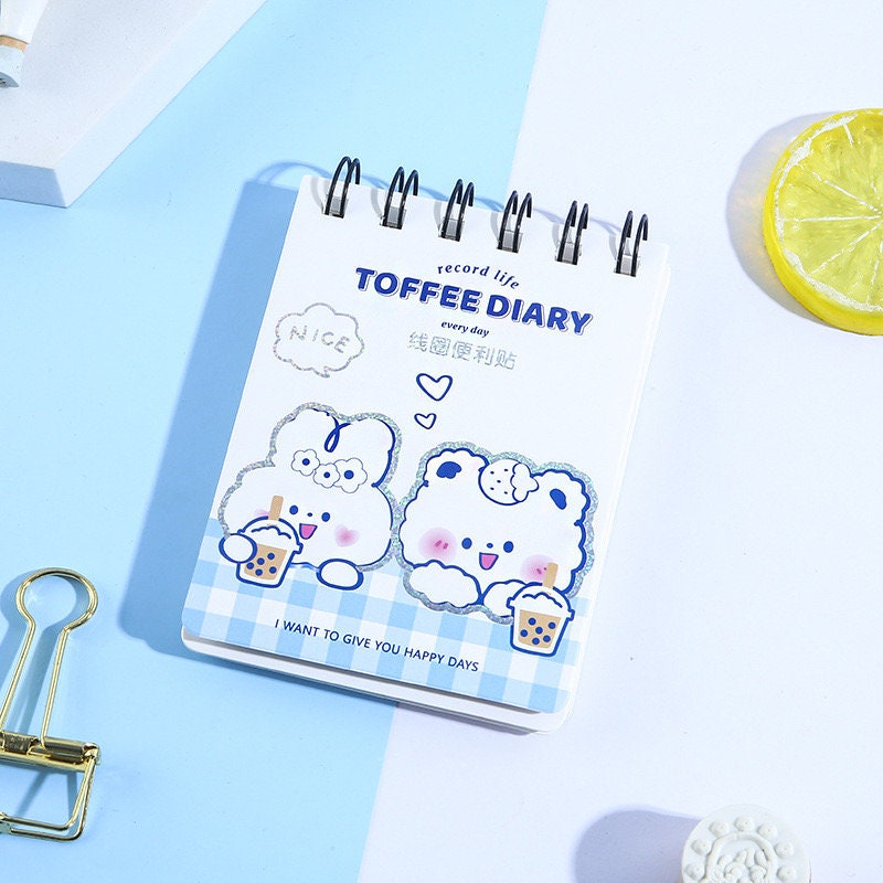 Toffee Diary Decorative Sticky Notepad Memo Pad with cute kawaii characters, spiral-bound design, and adorable illustrations, perfect for notes and reminders.