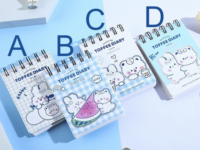 Toffee Diary Decorative Sticky Notepad Memo Pad with cute kawaii designs, each featuring adorable illustrated animals on the cover in styles A, B, C, and D, perfect for note-taking and journaling.